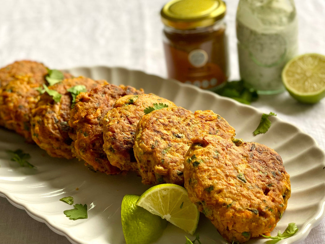 Low FODMAP Spiced Carrot Fritters with Herby Yoghurt Dressing 