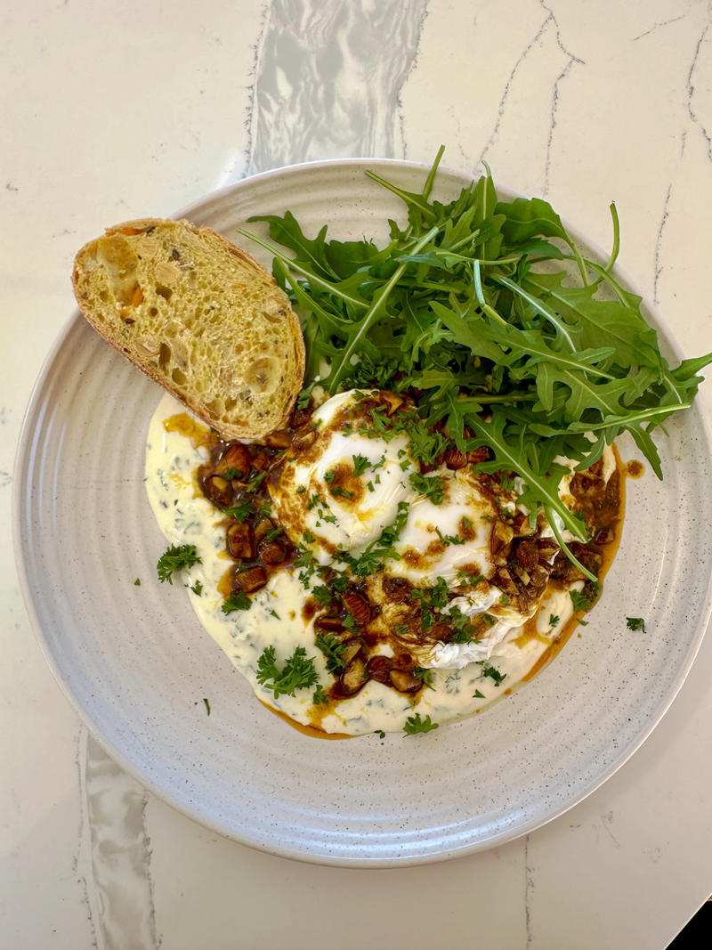 High Protein Low FODMAP Breakfast Bowl: Curried Butter Poached Eggs with Herbed Yoghurt 