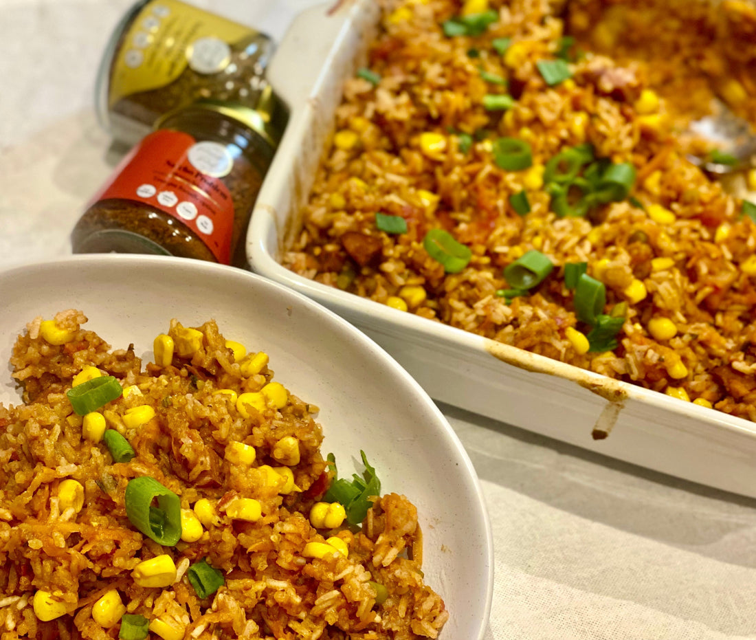 Low FODMAP Chorizo Mexican Baked Rice with The Friendly Food Co. Mexican and Cajun seasonings