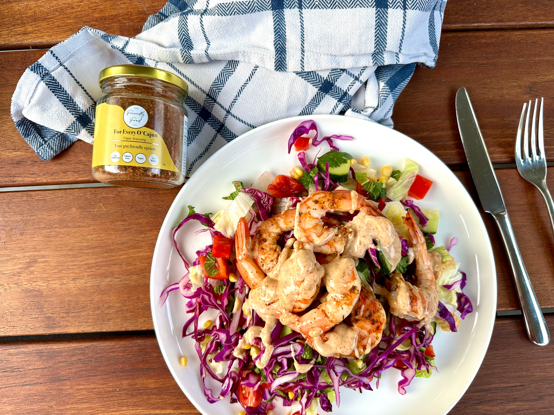 Low FODMAP Cajun Prawns with Mexican Salad