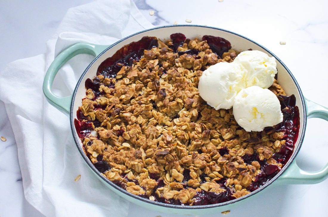 Low FODMAP Rhubarb and Mixed Berry Crumble with Ice-Cream