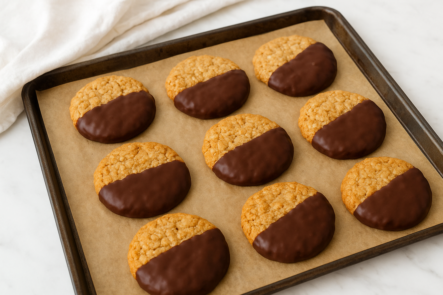 Chocolate-Dipped ANZAC cookies on a baking tray.