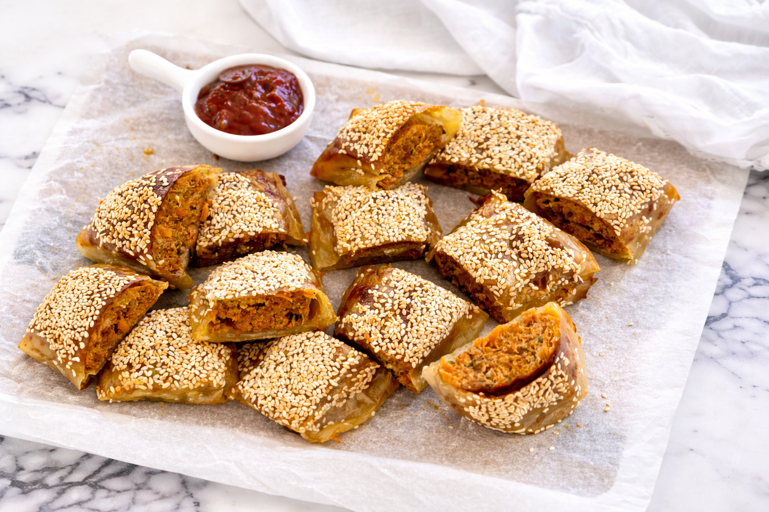 Low FODMAP Sausage rolls on a marble surface with a small bowl of red sauce.