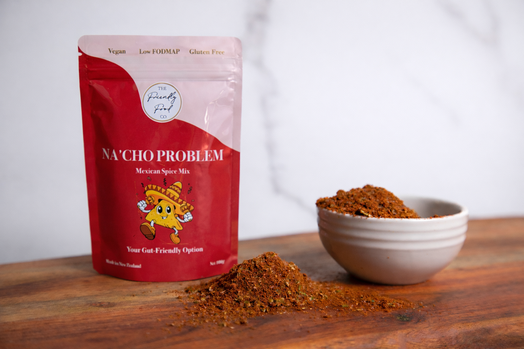 Na'Cho Problem - Low FODMAP Mexican Spice Mix packet next to a ramekin of spice 